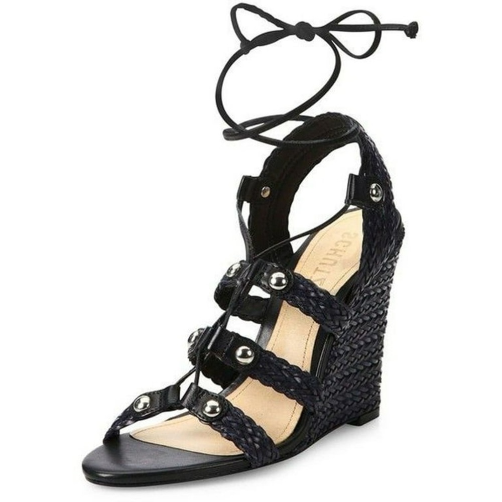 Schutz Jayne Woven Black Leather Lace Up Open Toe Straps Wedge Heeled Sandals 7